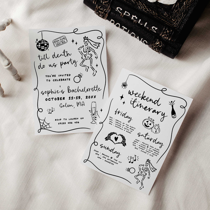Editable Halloween bachelorette party invitation with skeleton bride illustration and gothic design, perfect for October celebrations