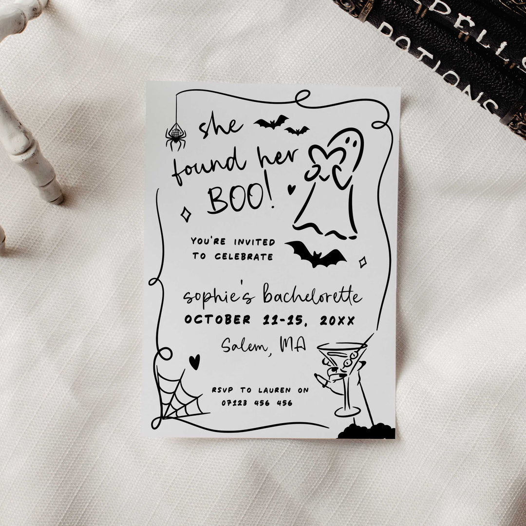 Elegant ghost bridal shower invite template for spooky fall celebrations, designed for brides and maid of honors