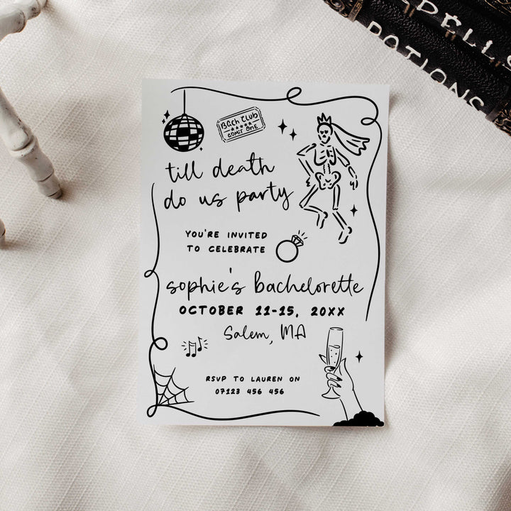 Till Death Do Us Party” skeleton-themed bridal invite with disco ball and champagne glass artwork for spooky fall weddings