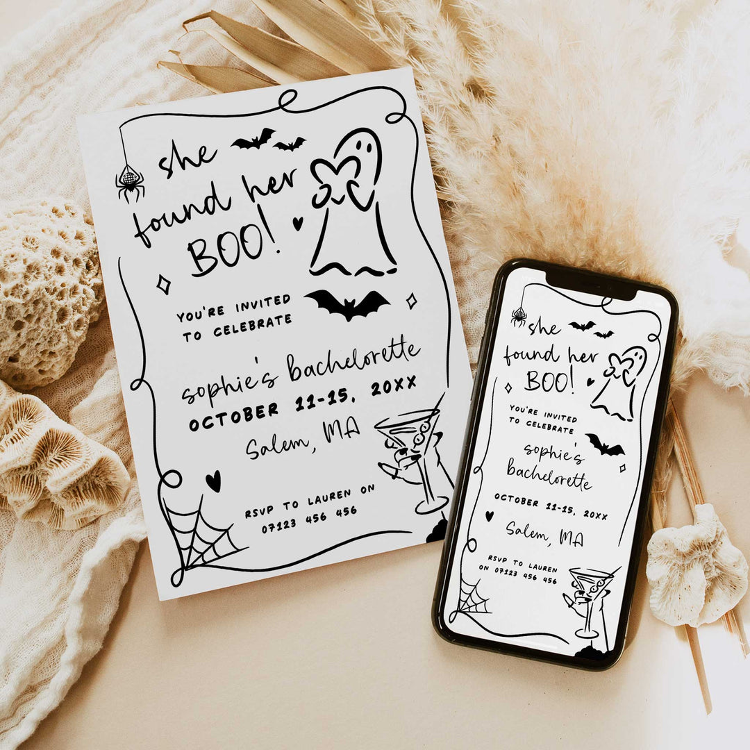 Halloween-themed bridal party invite with eerie details and editable Canva format, perfect for last-minute planners