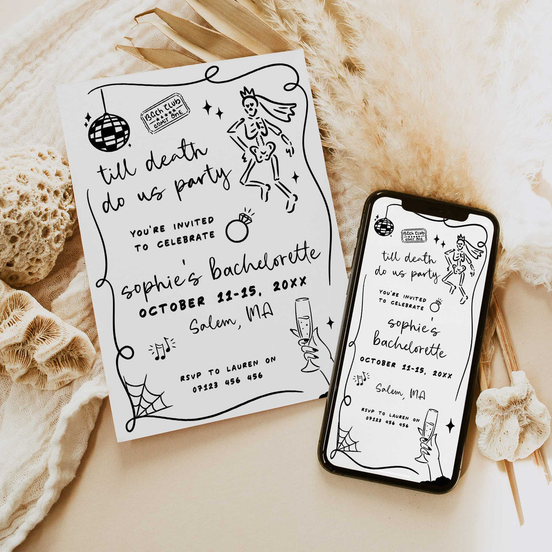 Black and white skeleton bride bachelorette invitation template, ideal for Halloween bridal showers or witchy wedding weekends