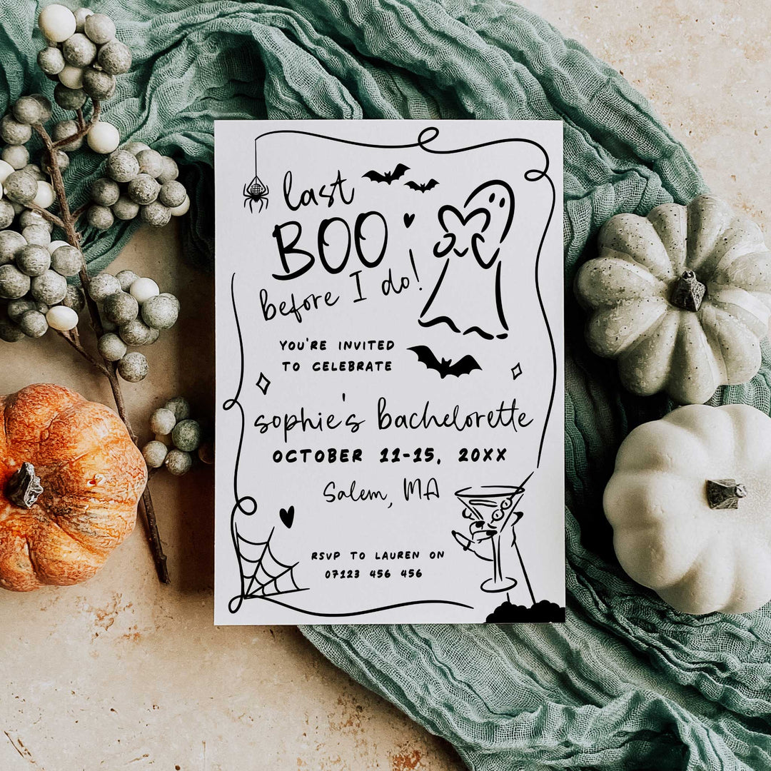 Editable Halloween bachelorette party invitation with ghost and bat illustrations, perfect for spooky bridal celebrations in October