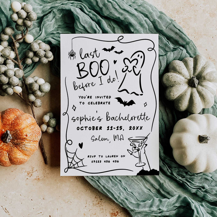 Editable Halloween bachelorette party invitation with ghost and bat illustrations, perfect for spooky bridal celebrations in October
