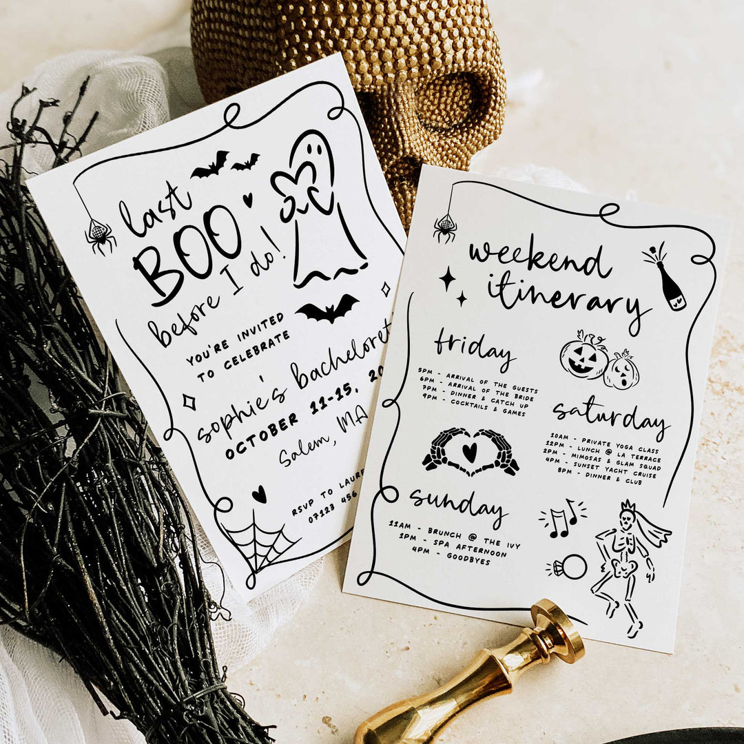 Halloween-inspired bachelorette invitation with ghost bride design and martini glass artwork, made for October brides and bridal parties