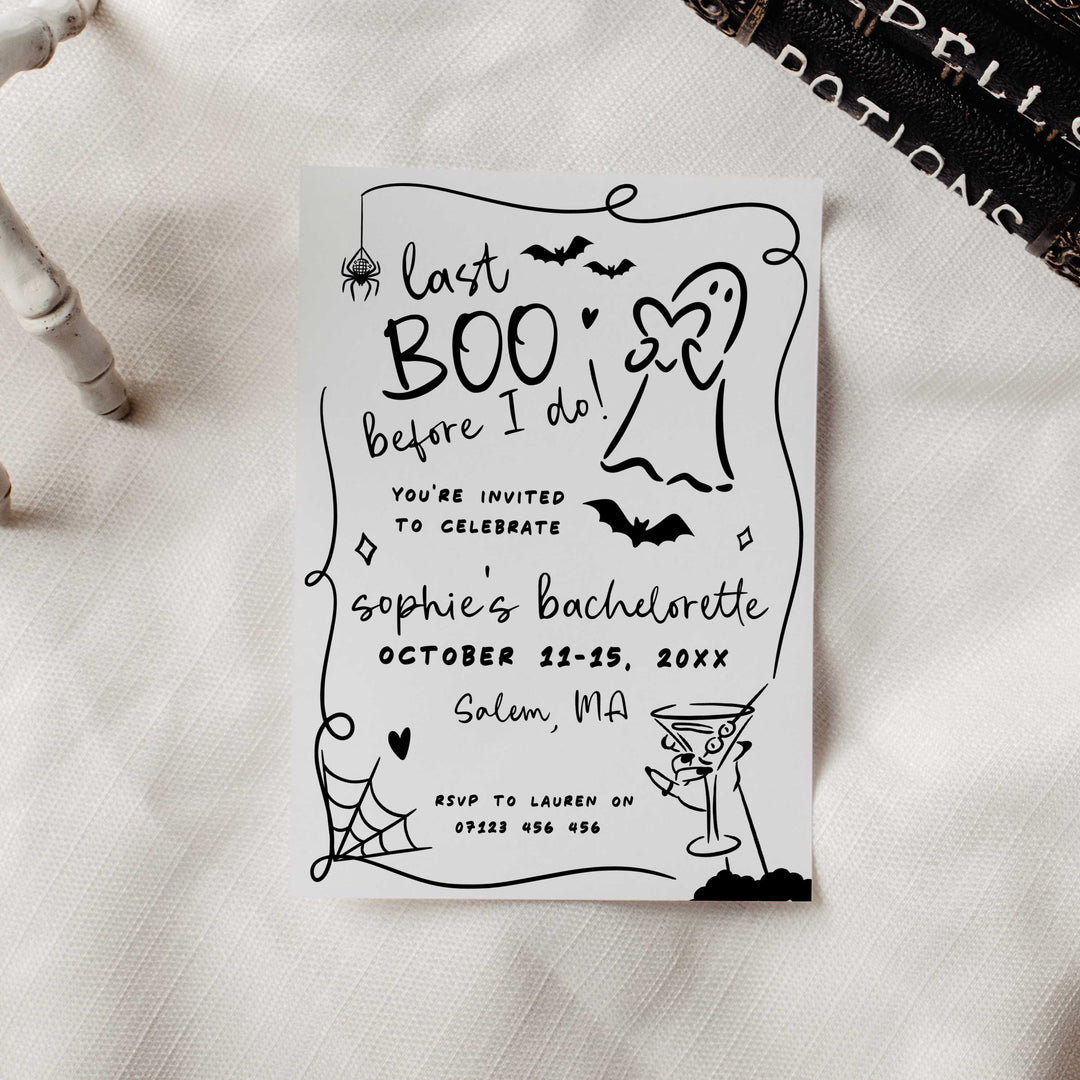 Ghost-themed bachelorette party invitation card, editable in Canva, designed for Halloween-loving brides and party hosts