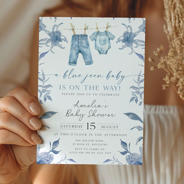 Blue Jeans Baby Floral Invitation