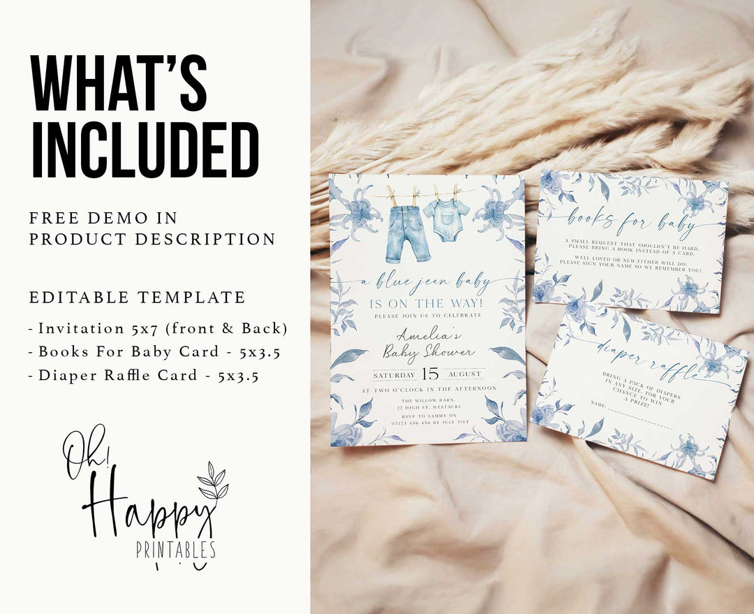 Blue Jeans Baby Floral Invitation