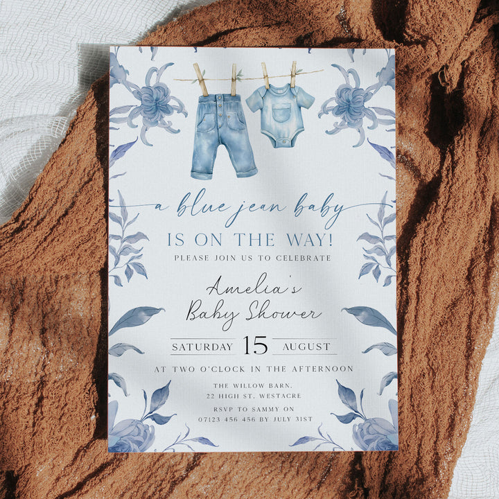 Blue Jeans Baby Floral Invitation