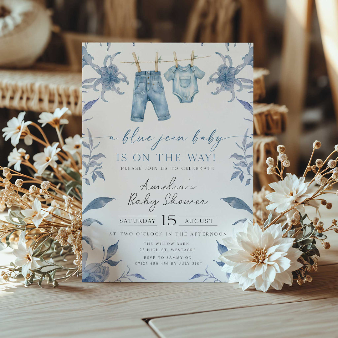 Blue Jeans Baby Floral Invitation