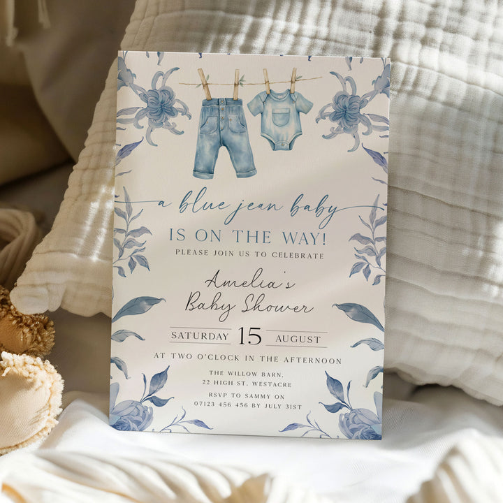 Blue Jeans Baby Floral Invitation