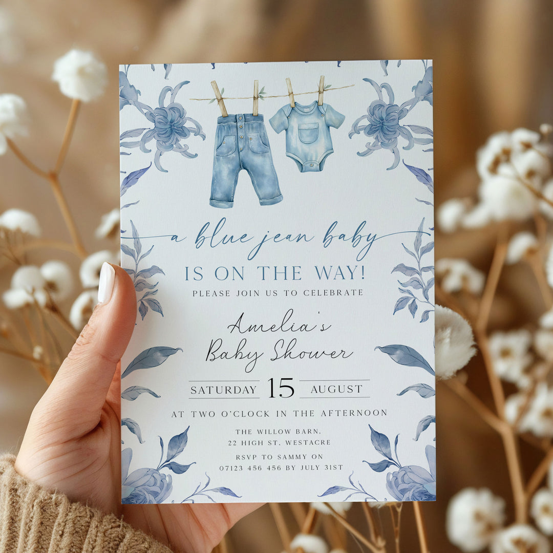 Blue Jeans Baby Floral Invitation