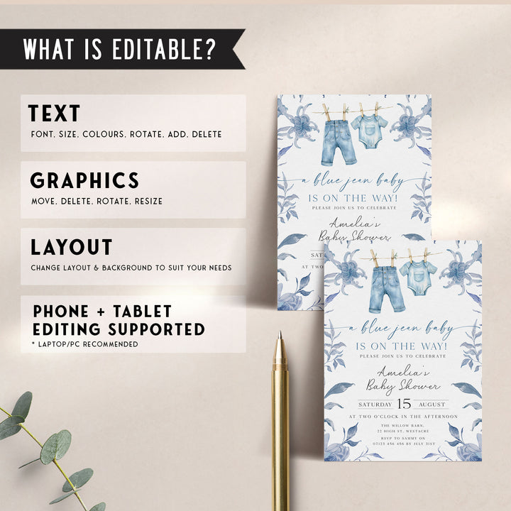 Blue Jeans Baby Floral Invitation