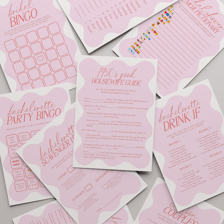 100 Editable Pink Wavy Bridal Shower Games