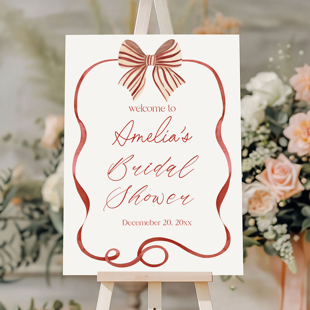 Red Bow Striped Bridal Shower Welcome Sign