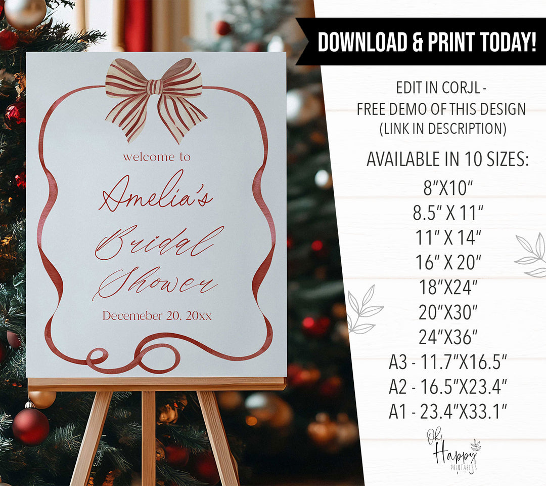 Red Bow Striped Bridal Shower Welcome Sign
