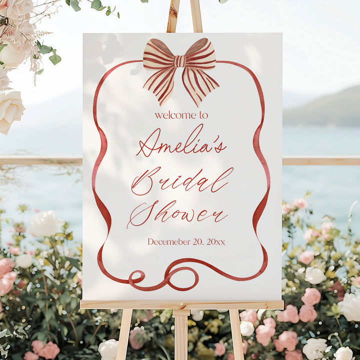 Red Bow Striped Bridal Shower Welcome Sign