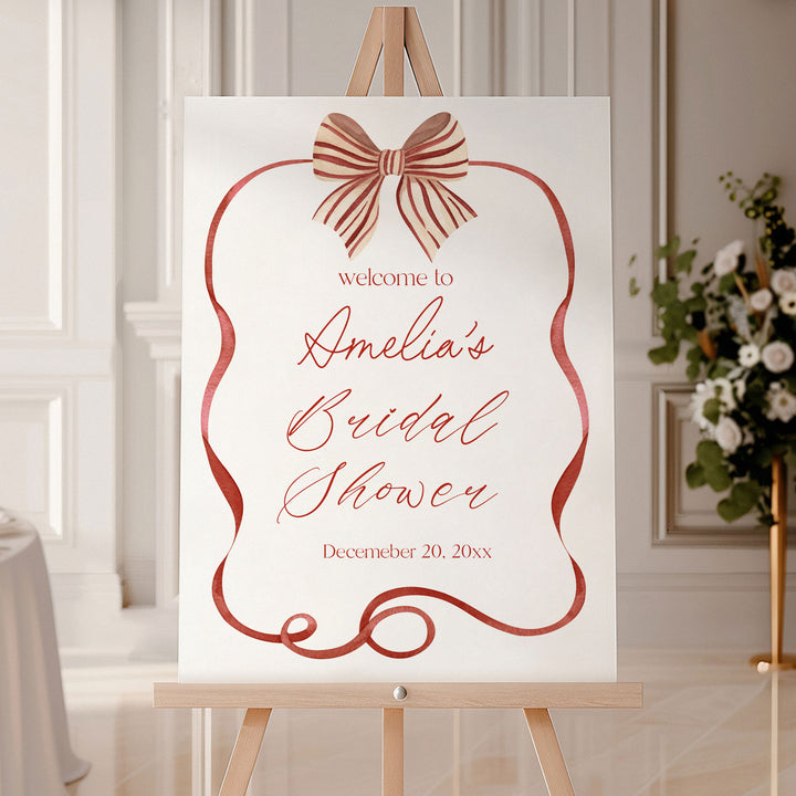 Red Bow Striped Bridal Shower Welcome Sign