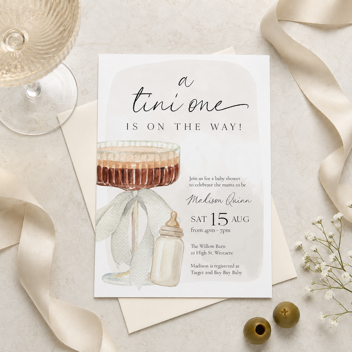 A Tine One Baby Shower Watercolour Invitation editable in Canva template