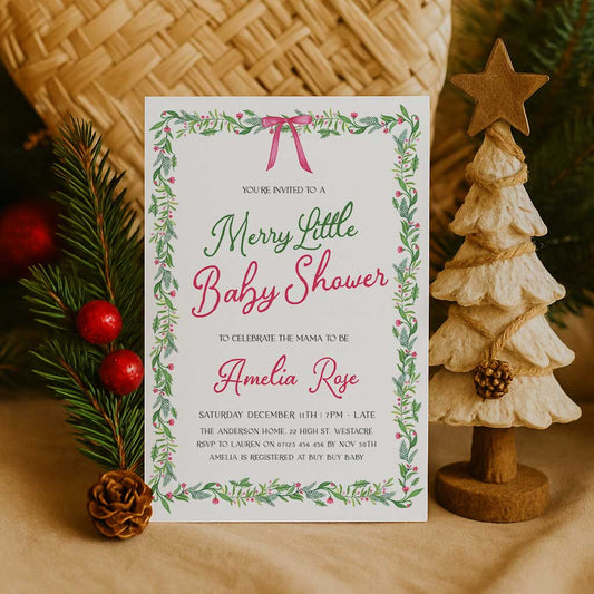Pink Bow Christmas Baby Invitation