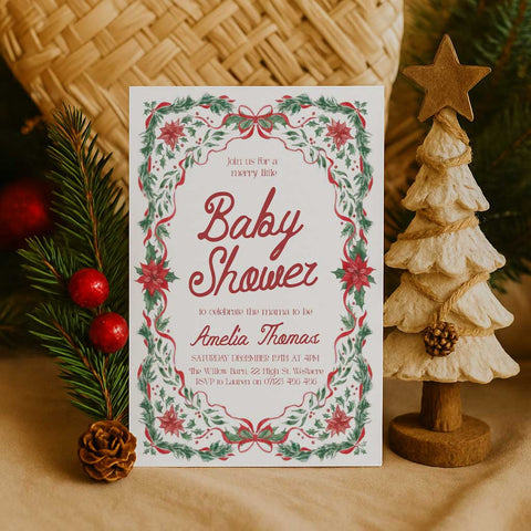Red & Green Floral Christmas Baby Invitation