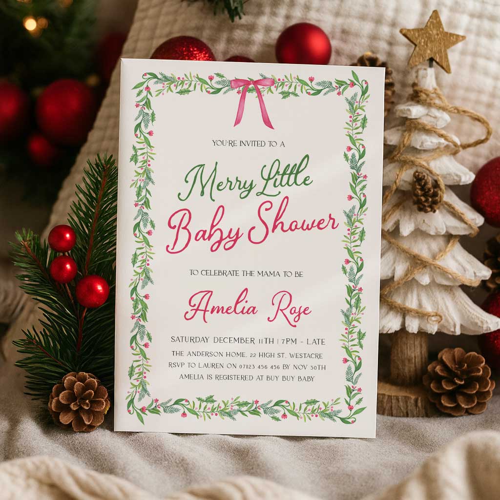 Pink Bow Christmas Baby Invitation