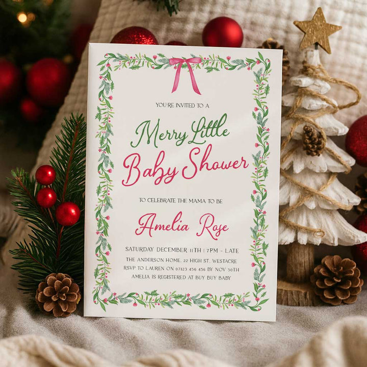 Pink Bow Christmas Baby Invitation