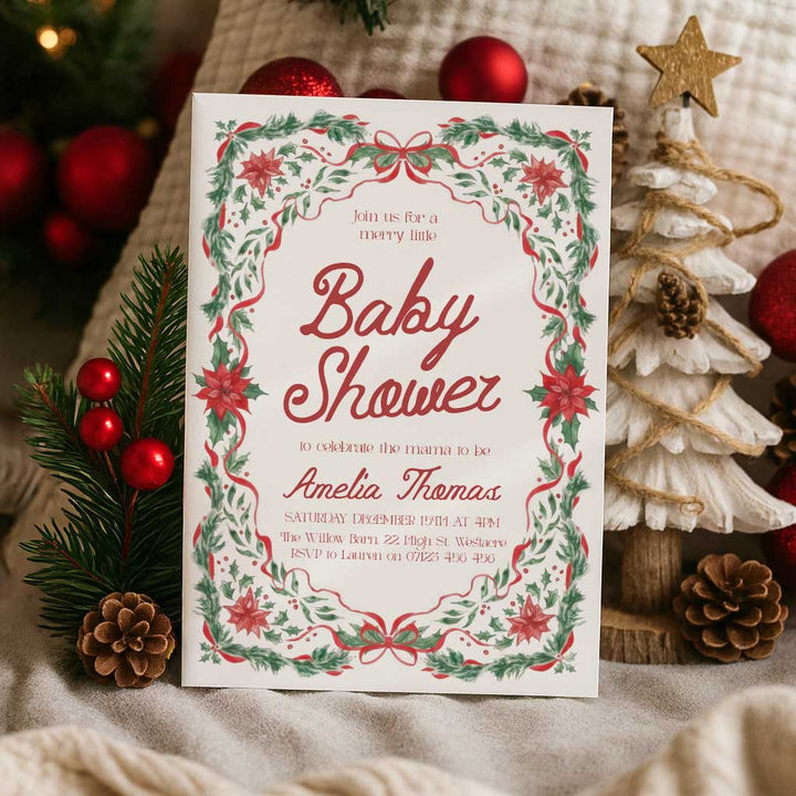 Red & Green Floral Christmas Baby Invitation
