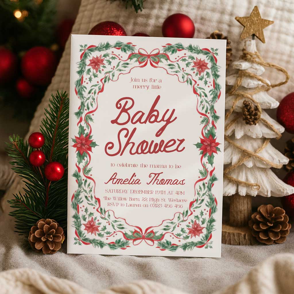 Red & Green Floral Christmas Baby Invitation
