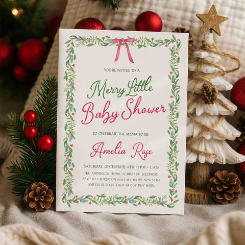 Pink Bow Christmas Baby Invitation