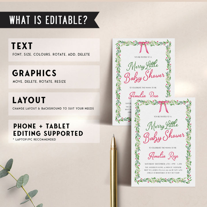 Pink Bow Christmas Baby Invitation