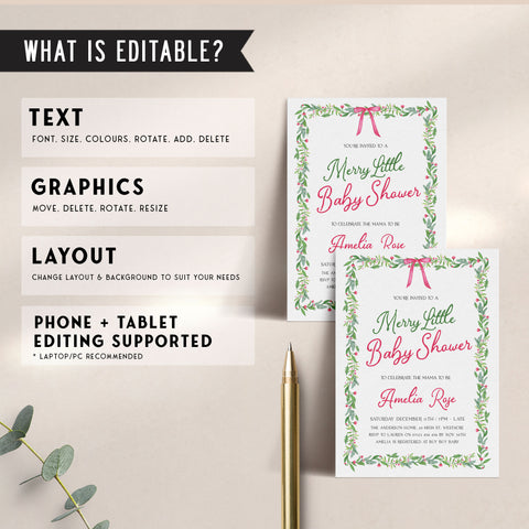 Pink Bow Christmas Baby Invitation