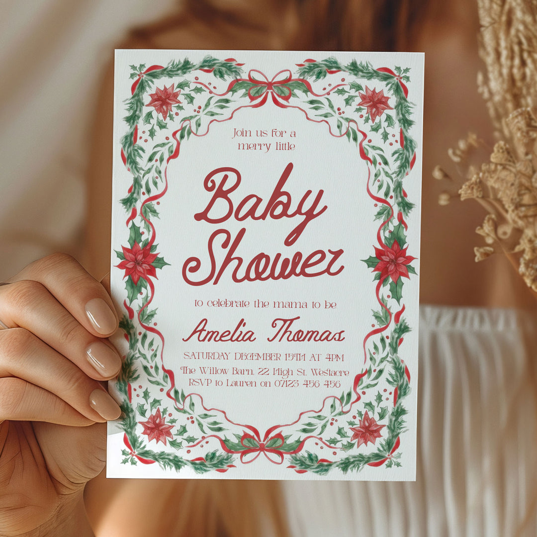 Red & Green Floral Christmas Baby Invitation