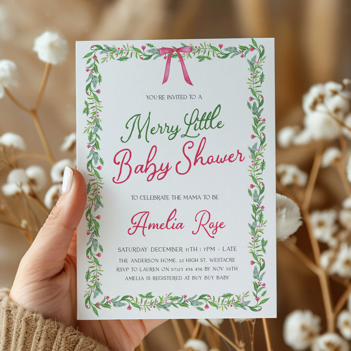 Pink Bow Christmas Baby Invitation