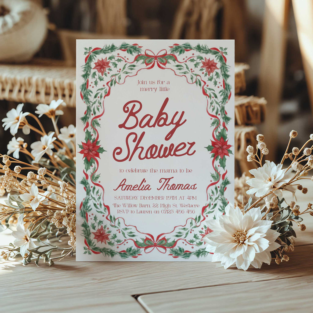 Red & Green Floral Christmas Baby Invitation