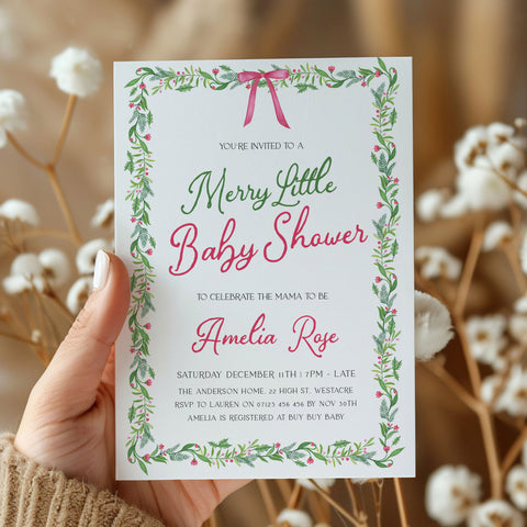 Pink Bow Christmas Baby Invitation