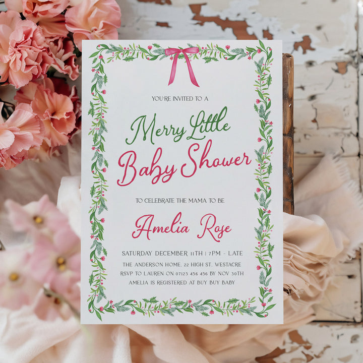 Pink Bow Christmas Baby Invitation