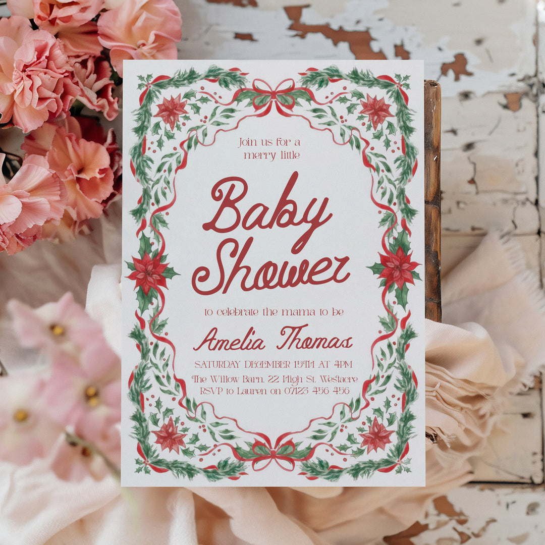 Red & Green Floral Christmas Baby Invitation