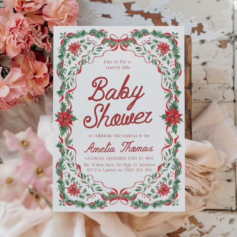Red & Green Floral Christmas Baby Invitation