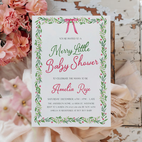 Pink Bow Christmas Baby Invitation