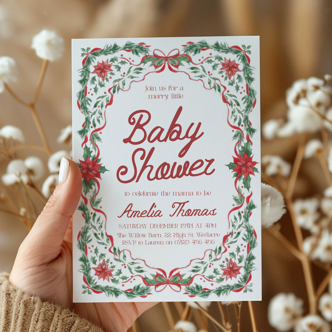 Red & Green Floral Christmas Baby Invitation