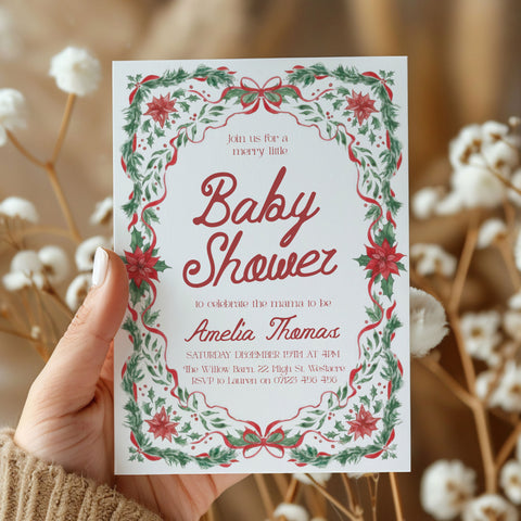 Red & Green Floral Christmas Baby Invitation