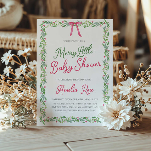 Pink Bow Christmas Baby Invitation