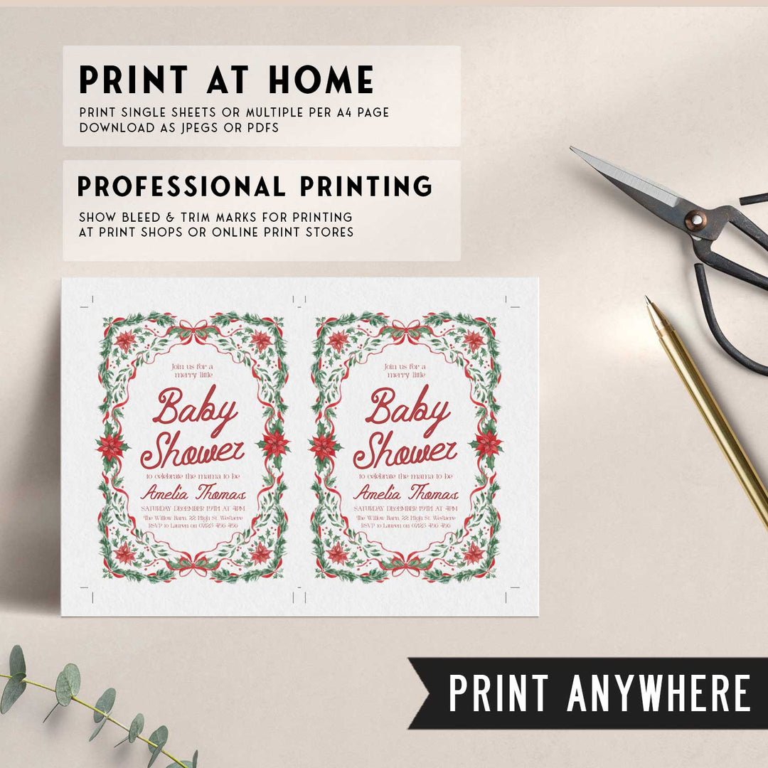 Red & Green Floral Christmas Baby Invitation