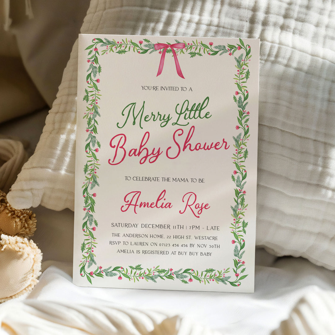 Pink Bow Christmas Baby Invitation