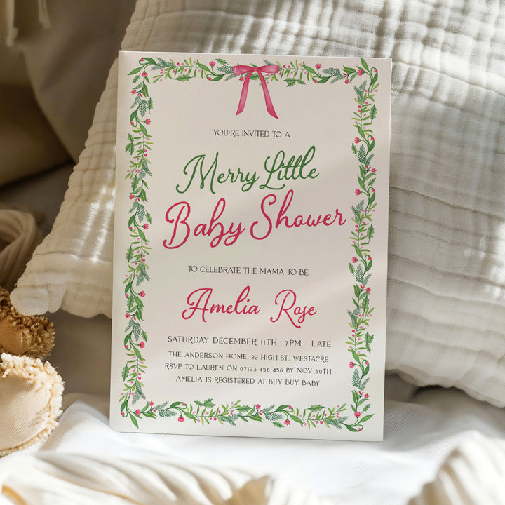Pink Bow Christmas Baby Invitation