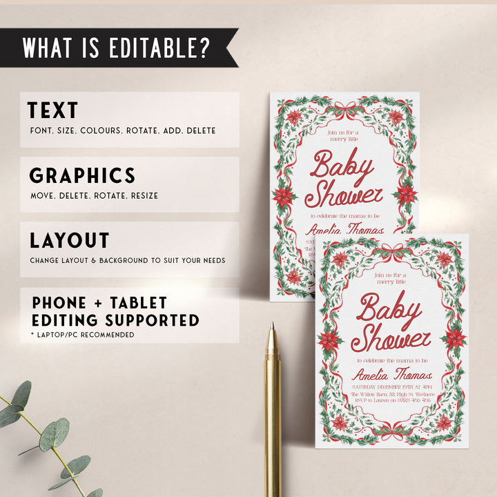 Red & Green Floral Christmas Baby Invitation