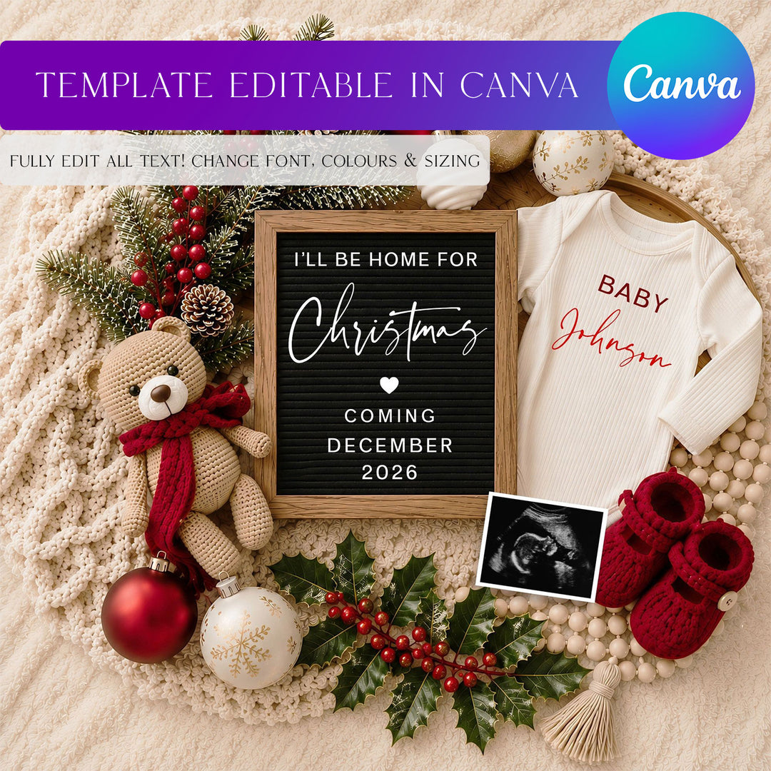 Christmas-themed baby announcement with teddy bear, sign, and baby clothes on a textured surface.