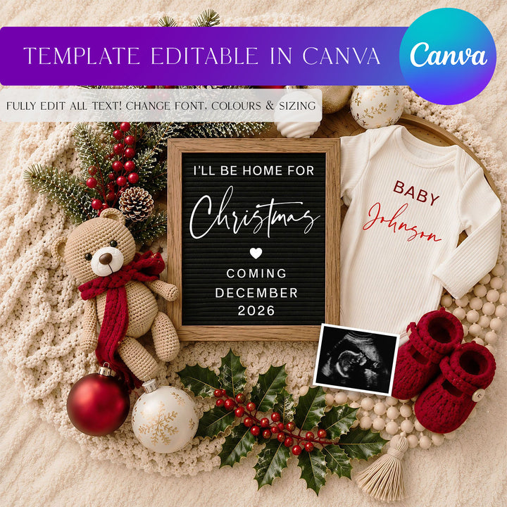 Christmas-themed baby announcement with teddy bear, sign, and baby clothes on a textured surface.