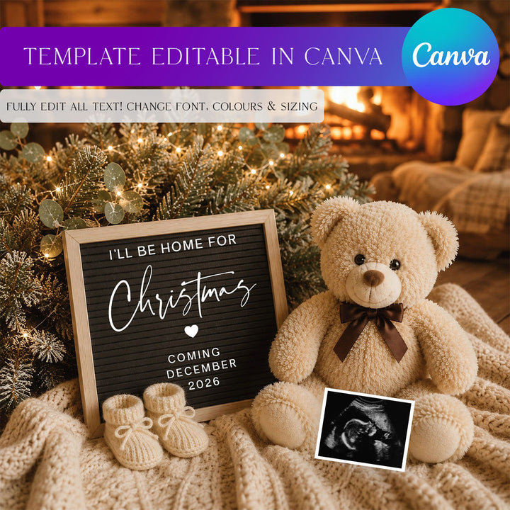 Warm Cabin Christmas Digital Pregnancy Announcement Editable Canva Template