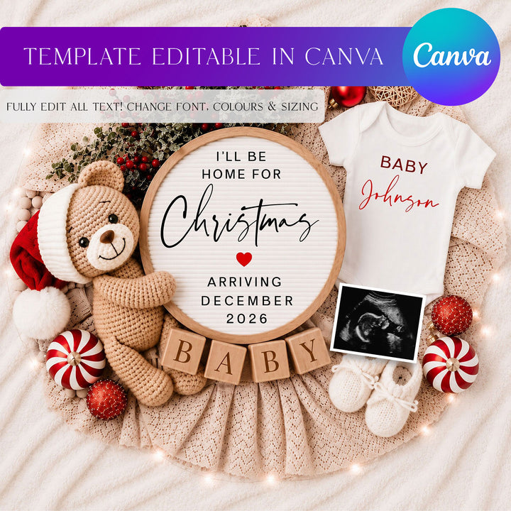 Christmas Digital Pregnancy Announcement Editable Canva Template